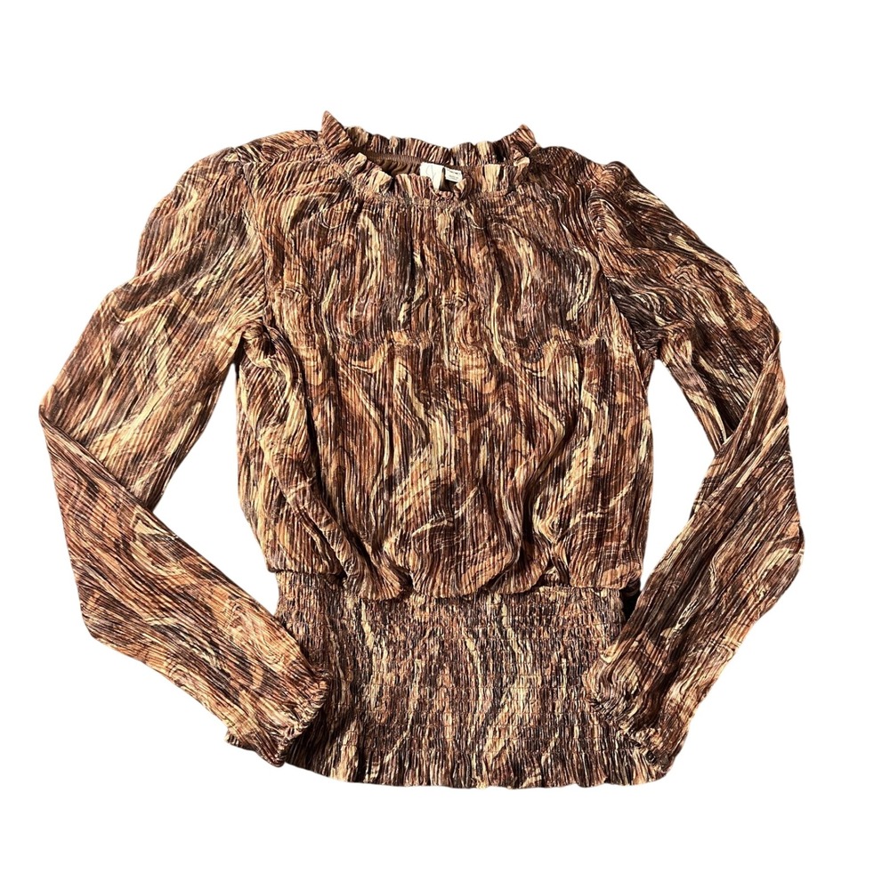 Joie Women's Medium Brown Metallic Plisse Smocked Blouse Abstract Marble Print